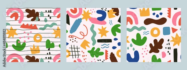 Obraz Set of three Colorful Abstract contemporary modern trendy vector with various hand drawn abstract objects.