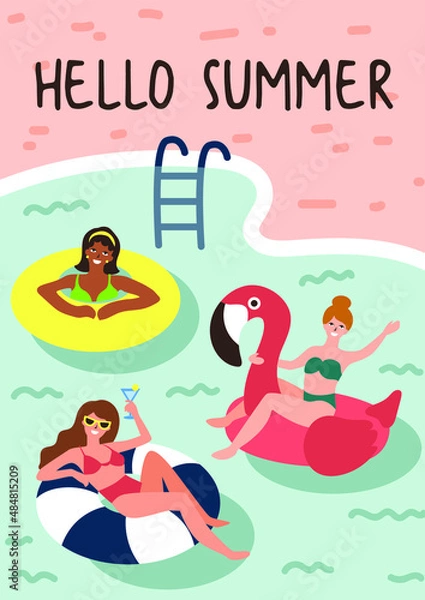 Obraz Illustration of girls on the swimming pool with inflatable. Flat, retro and trendy style illustration. For summer holiday season.