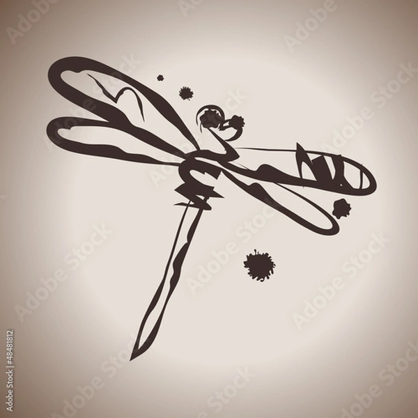 Fototapeta Grunge elegance ink splash illustration with dragonfly