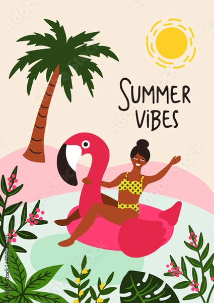 Obraz Cute hand drawn girl / women illustration with flamingo floating at swimming pool. Retro and trendy design style. Card / poster template for summer holiday season 