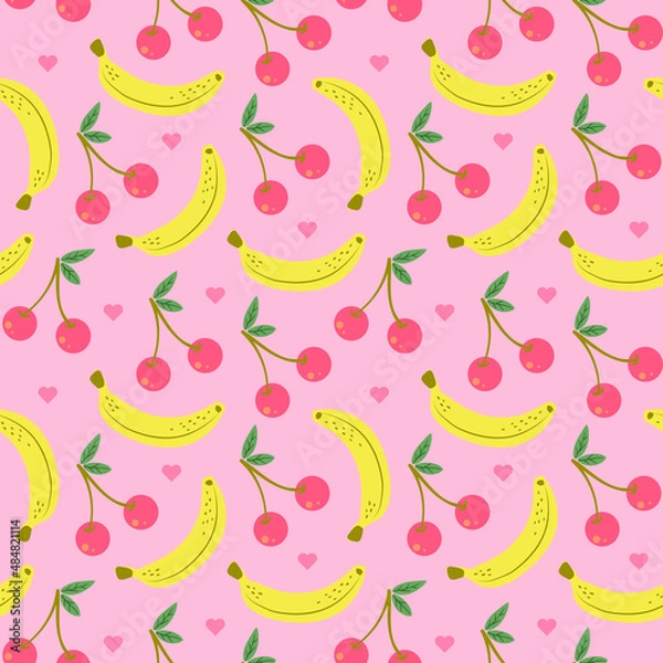 Obraz Cute seamless pattern with banana cherry and heart. Perfect for textile, wrapping paper, etc