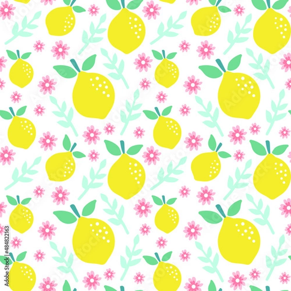 Obraz Cute seamless pattern with lemon flower and leaves. Perfect for fabric, wrapping paper, etc