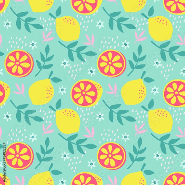 Obraz Cute seamless pattern with lemon, flower and leaves. Perfect for textile, wrapping paper, etc