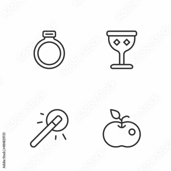 Fototapeta Set line Poison apple, Magic wand, stone ring and Medieval goblet icon. Vector