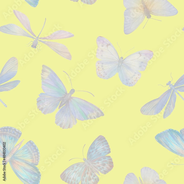 Fototapeta Watercolor butterflies seamless pattern. Abstract butterflies painted in watercolor in mixed media. Botanical background for design, print, wallpaper, textile, wrapping paper.