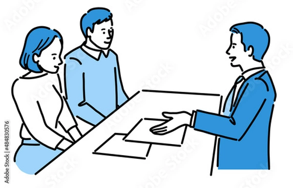 Fototapeta 紙を見せながら説明している若いスーツの男性と若い男女
