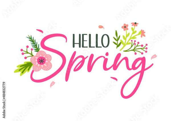 Obraz Hello Spring handrawn lettering / typography / text with cute floral / flower.