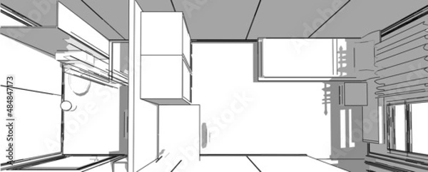 Fototapeta Abstract 3d illustration of a container building house. Sleep and study area with toilet. Close up plan perspective with shadows. New trend in construction: Steel container house.  