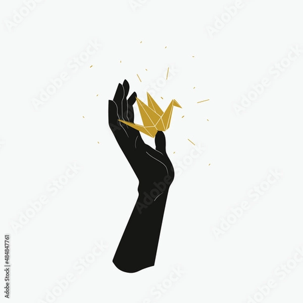Fototapeta Hand with golden paper crane
Symbol of longevity and happiness. Vector illustration for card, print for t-shirt