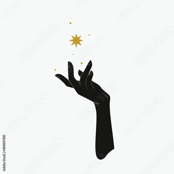 Fototapeta Hand with magic star. Hand-drawn alchemy, religion, spirituality, occultism. Vector illustration in hipster style isolated.Esoteric symbols and witchcraft.
