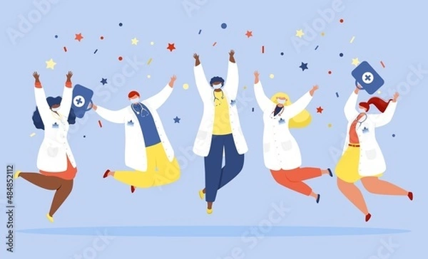 Fototapeta A group of doctors in white coats and protective masks jumps and celebrates against the background of confetti.