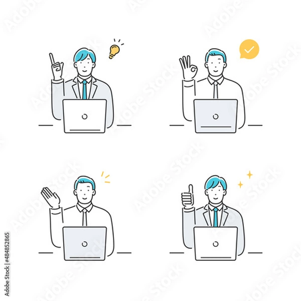Obraz パソコンとハンドサインをする会社員の男性 セット