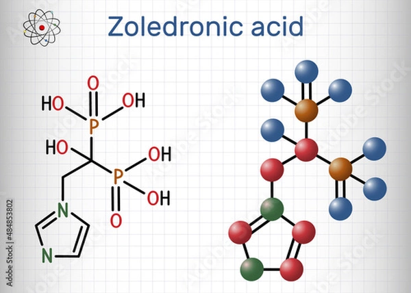 Fototapeta Zoledronic acid, zoledronate molecule. It is bisphosphonate, used to treat a number of bone diseases. Structural chemical formula and molecule model. Sheet of paper in a cage