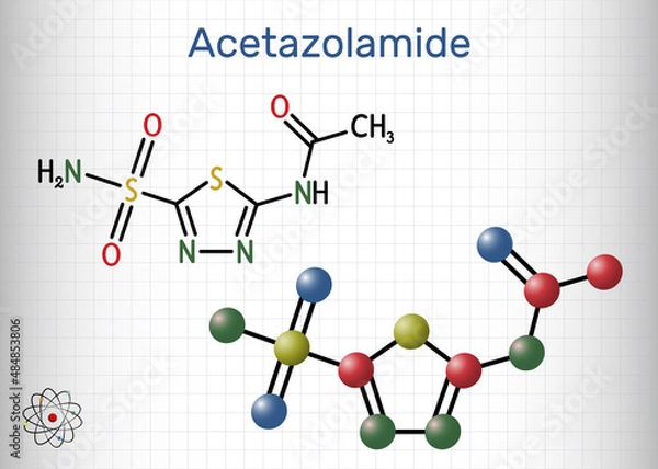 Fototapeta Acetazolamide molecule. It is carbonic anhydrase inhibitor used to treat edema, certain types of epilepsy, glaucoma. Structural chemical formula, molecule model. Sheet of paper in a cage