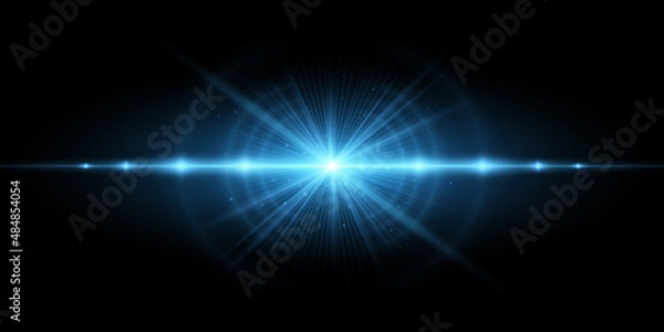 Fototapeta Modern light effect isolated on black background. Vector bright flash for your project. Lens flare and glare. Blue rays. Explosion star with sparks. EPS 10