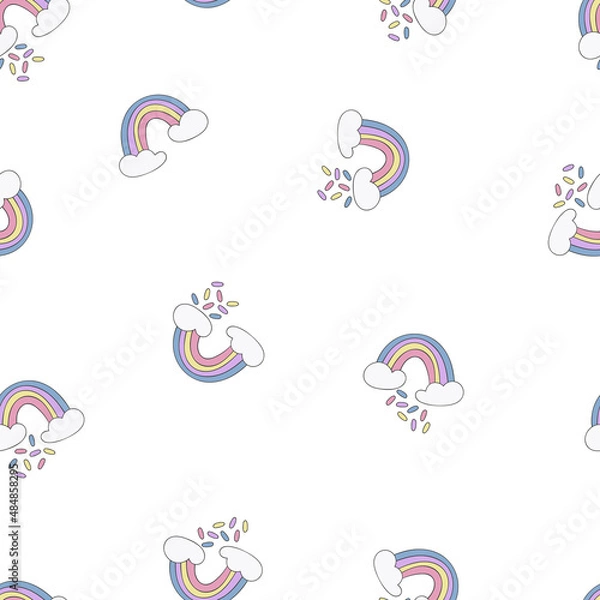 Fototapeta Rainbow and clouds. Cartoon print. Seamless vector pattern (background). 