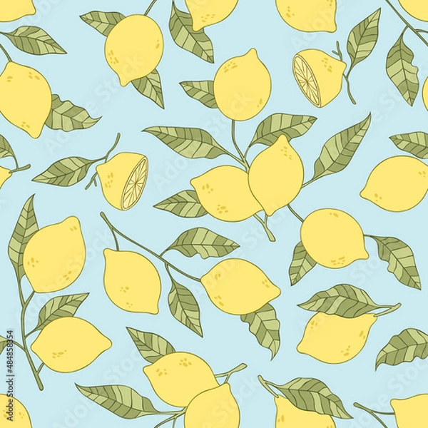 Fototapeta Lemons. Seamless vector pattern (background). Cartoon fruit print. 
