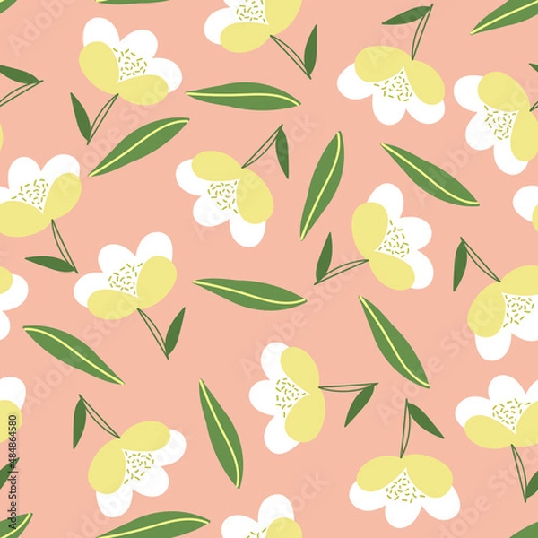 Obraz Seamless pattern of flowers and leaves, pastel colors. Vector design.
