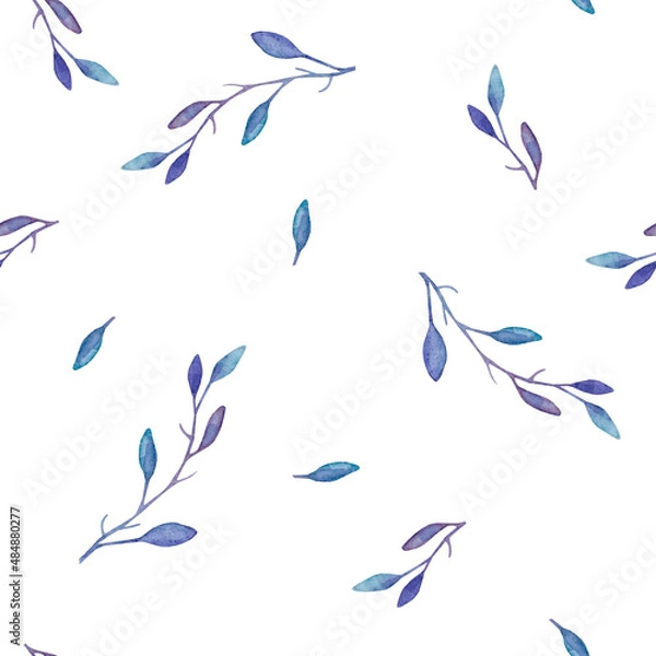Fototapeta A seamless, endless pattern of delicate blue-purple small twigs with small leaves. The branches are chaotically arranged on a white background.