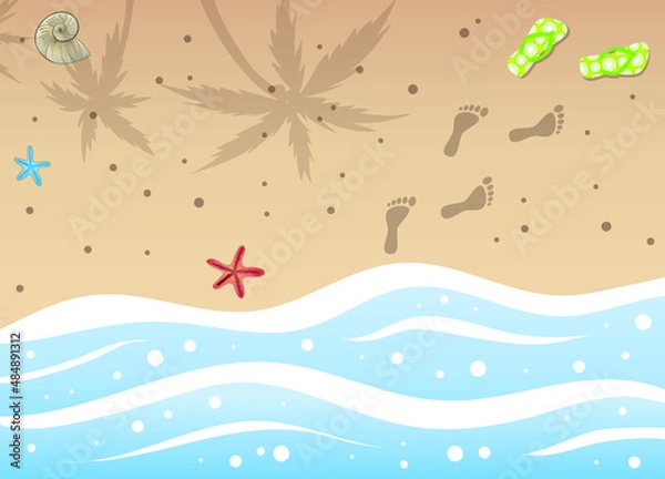 Fototapeta Top view of sea shore waves with marine stars, shell, flip flops and footprints on sand with palm tree shadow. Summertime vector illustration with copy space for text.