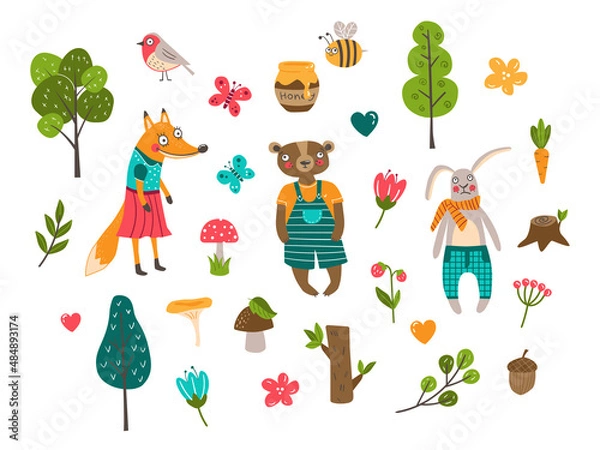 Fototapeta A set of vector flat illustrations with bear, honey and bee, trees, mushrooms, rabbit, carrot, fox, bird, flowers, twigs, stump, acorn, butterflies, berries