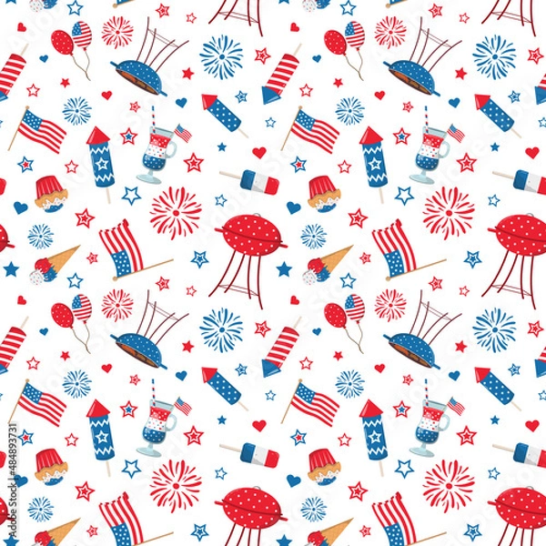 Fototapeta Fourth of July and Memorial day party seamless pattern. Isolated on a white background. 4th of July, Independence Day themed design.