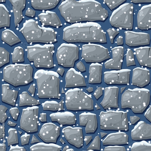 Fototapeta stones and bricks seamless pattern. Vector texture of paving stone tile or masonry wall covered with snow. endless game background of Stonework with snowflakes. dungeon or cave winter wall decor.