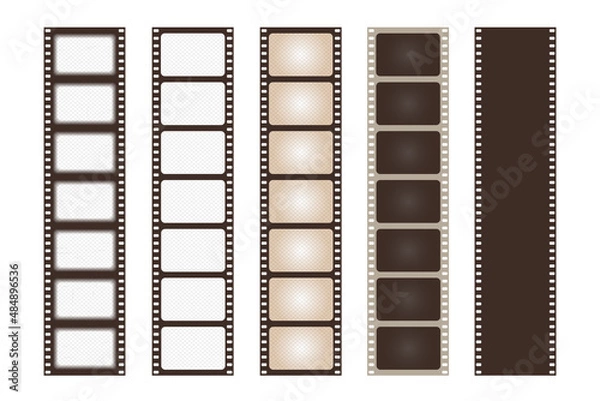 Obraz Set old retro brown film strip frame isolated on white background. Antique films slide template in realistic style. Vector illustration video and photo tape.