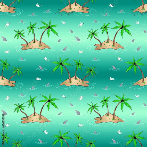 Fototapeta Marine nautical doodle islands, shark fins and seagulls seamless pattern. Cartoon style vector illustration.