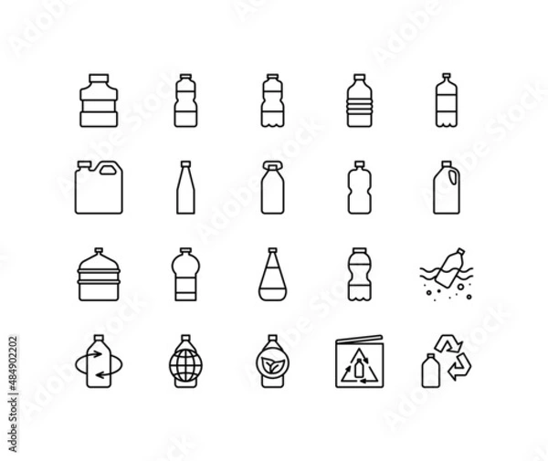 Fototapeta Plastic bottle flat line icons set. Types of PET bottles for water, liquid, oil. Simple flat vector illustration for web site or mobile app