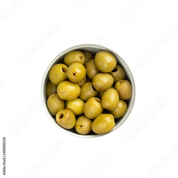 Obraz Green pitted olives in a bowl isolated over white. Top view, from above.