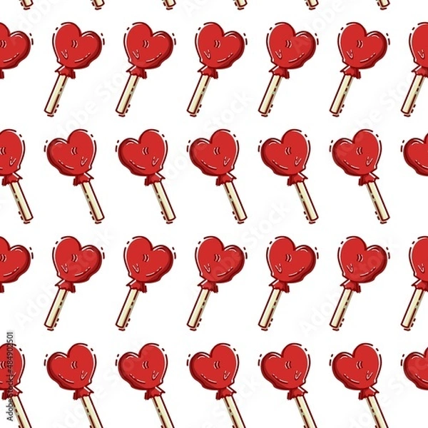 Fototapeta Paper art seamless pattern for textile design. Candy heart on a stick. Day of Love. Valentines Day. Vector fabric seamless pattern. Geometric background texture. Graphic background.