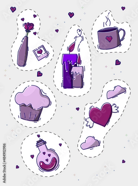 Fototapeta Vector illustration in MBE style. A set of stickers of 6 pieces for a happy valentines day. Valentine card with red heart. Love concept.