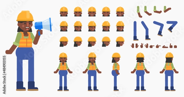 Fototapeta Creation kit of a female construction worker. Modern vector illustration. Create your own pose, action, animation