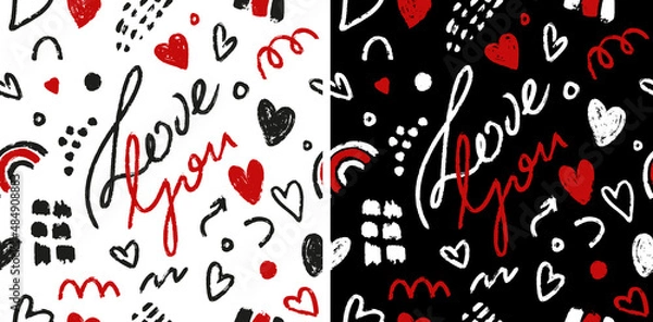 Obraz Cute hand drawn love pattern background with hearts and abstract shapes. Happy Valentine's Day background. Love you. Vector seamless pattern.