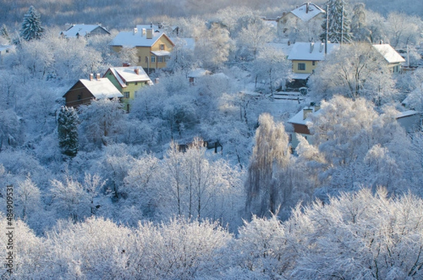 Fototapeta Beautiful winter landscape after snowfall. Top view. 	