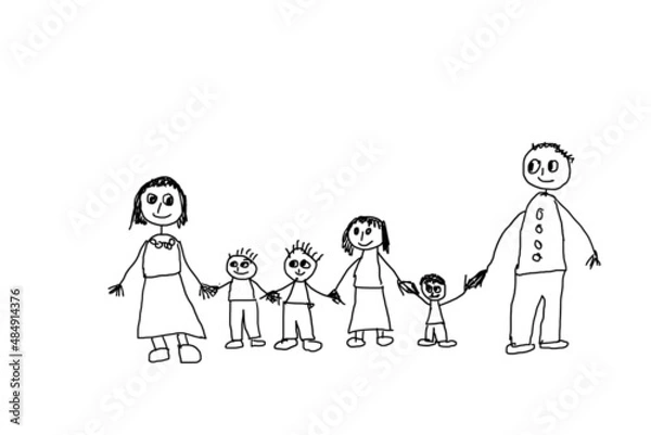 Fototapeta Big family drawn by little child. Family of four kids scribble or hand drawing. Parenthood concept.
