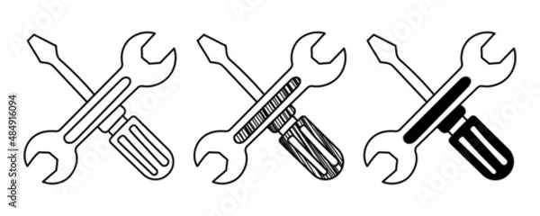Fototapeta Set of hand drawn vector Tools Screwdriver and Wrench in a doodle cartoon style