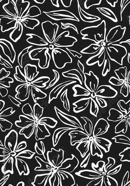 Fototapeta Monochrome floral drawing seamless repeat pattern. Random placed, hand drawn vector flowers with leaves outlined all over print on black background.