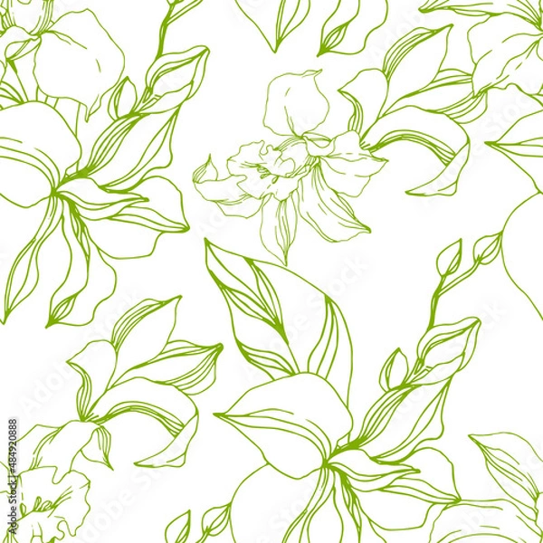 Fototapeta Vector Orchid floral botanical flowers. Black and white engraved ink art. Seamless background pattern.