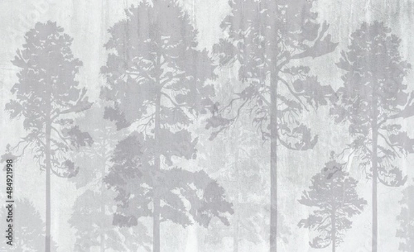 Fototapeta Photo wallpapers for the interior. Wall decor in grunge style. The forest is in a fog. A fresco depicting a forest.