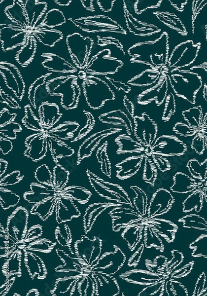 Obraz Scribbled flowers with leaves seamless repeat pattern. Abstract, vector botany floral all over surface print on dark green background.