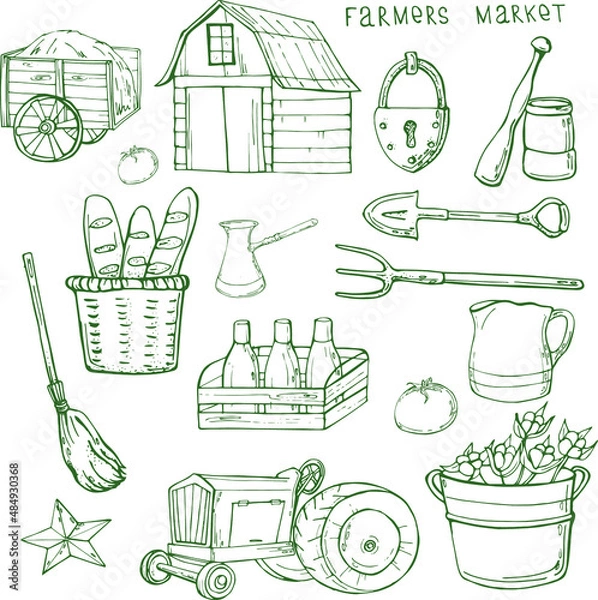 Fototapeta vector illustration of household items farm,products,tools,tractor,barn,wagon with hay,for decor or design
