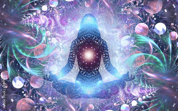 Fototapeta Silhouette of a girl in Lotus position on the background of the universe. A state of trance and deep meditation. A spiritual journey in the universe.