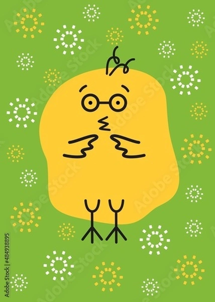 Obraz Easter cartoon chick on green background. Easter card vector image. Line art. 
