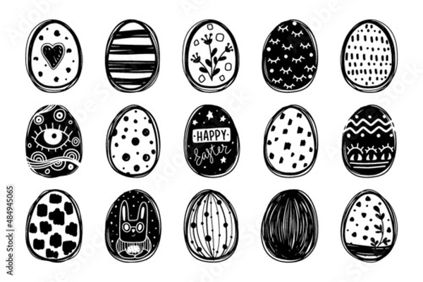Obraz Hand drawn black and white eggs set isolated on white background.  Happy Easter vector illustration. Creative abstract drawings on Easter eggs. Сan be used as graphic elements for your design 