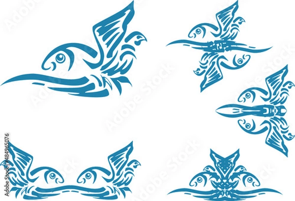 Fototapeta Fish symbols with a wave and bird elements in blue-white tones for your design. Double fish symbols for business concepts, web icons, prints, logos, embroidery, restaurant menu, tattoo, textiles, etc.