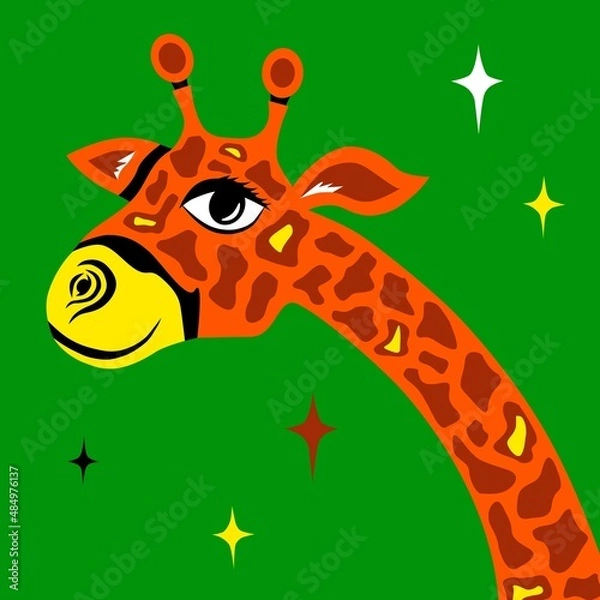 Obraz Giraffe head. Cheerful fabulous giraffe. Print for t-shirt or children's clothing print. Bright print. African giraffe.