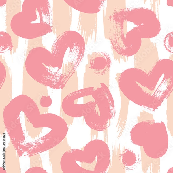 Fototapeta Seamless pattern with pink hearts. Dry brush.