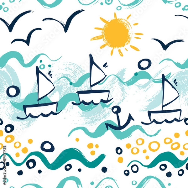 Fototapeta Seamless sea pattern with hand painted gouache ships. Background for greeting cards, invitations, kids decorations. Vector repeating texture.